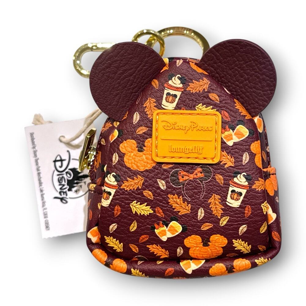 Disney Parks Loungefly Mickey Ears Fall Pumpkin Mini Backpack Keychain Charm